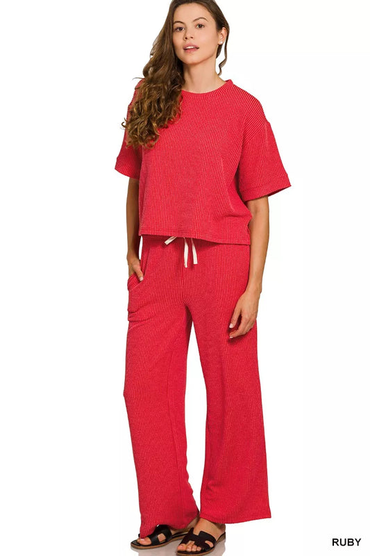 Zenana Raised Rib Short Sleeve Tee & Pants Set Trendsi