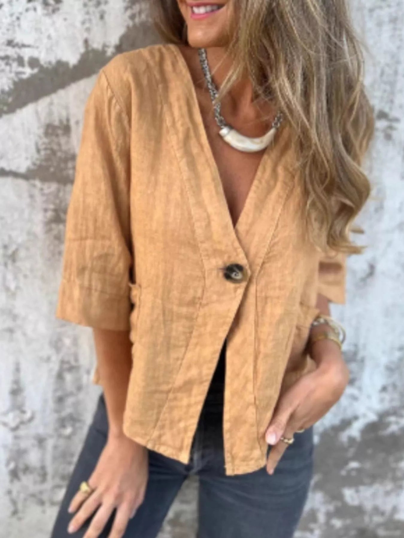 Full Size One Button V-Neck Shirt Plus Size Trendsi