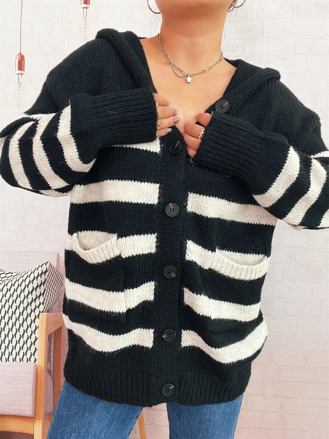 Striped Button-Up Hooded Cardigan