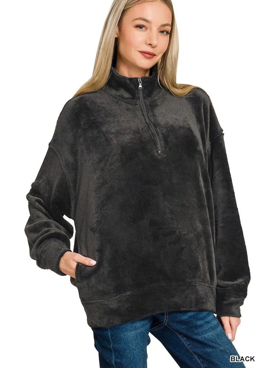Zenana Faux Fur Half Zip Pocket Pullover Trendsi