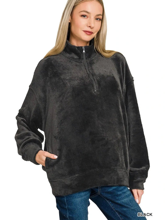 Zenana Faux Fur Half Zip Pocket Pullover Trendsi