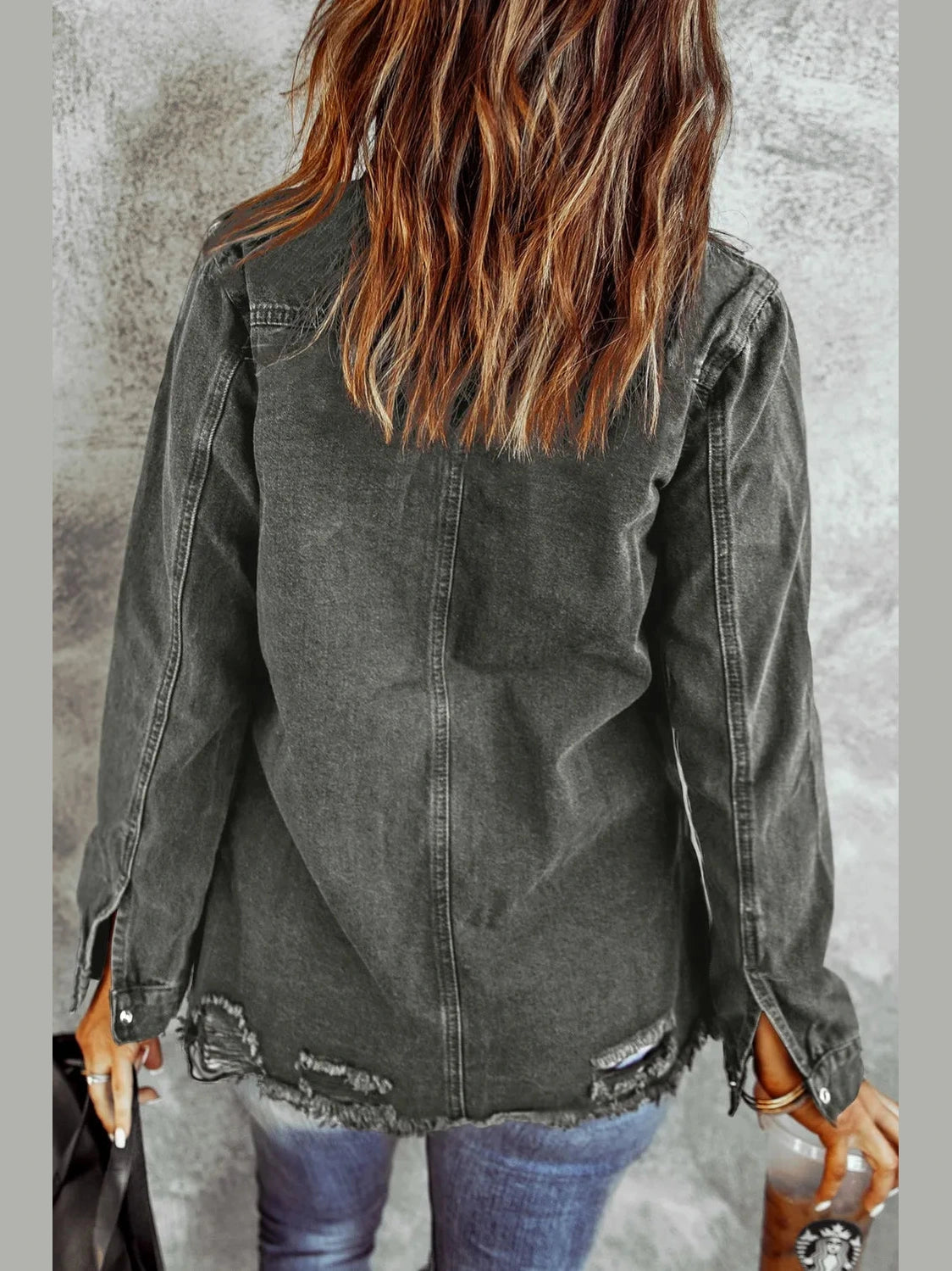 Distressed Raw Hem Snap Down Denim Jacket nicholesgifts