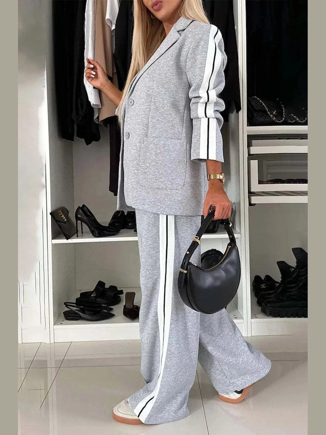 Full Size Contrast Lapel Collar Top and Pants Set nicholesgifts