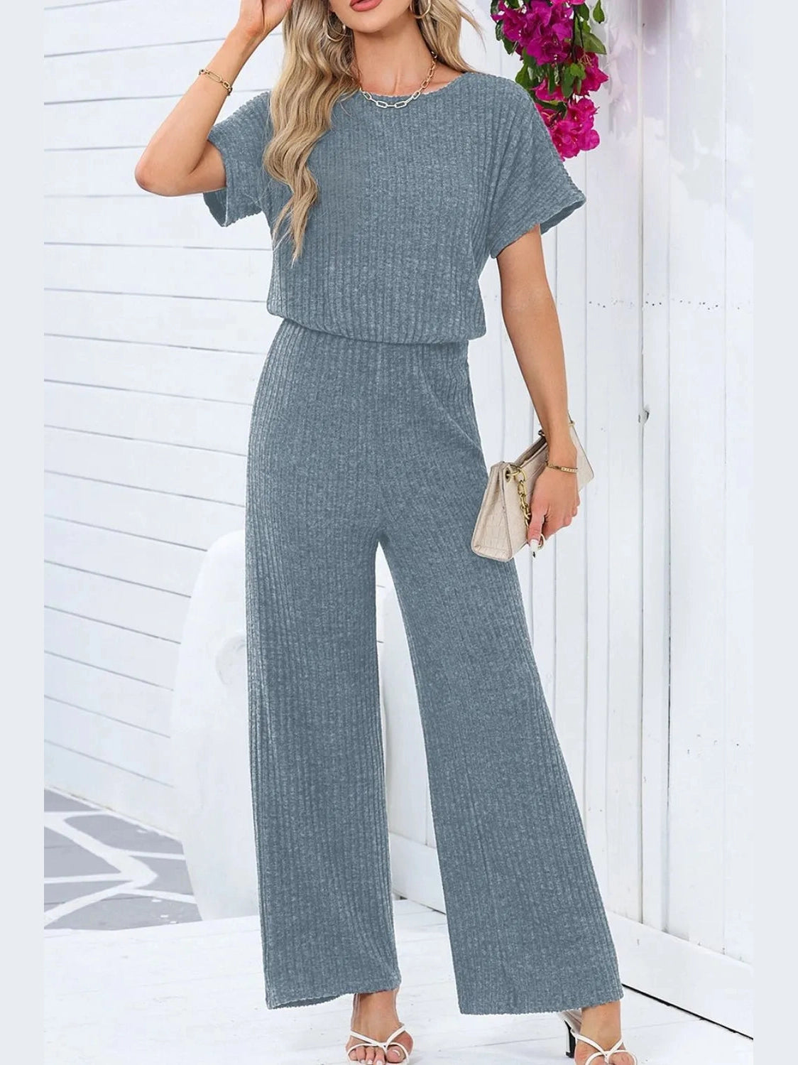 Ribbed Short Sleeve Wide Leg Jumpsuit nicholesgifts