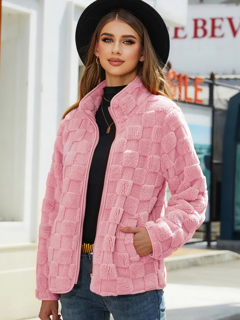 Fuzzy Checkered Zip Up Jacket nicholesgifts