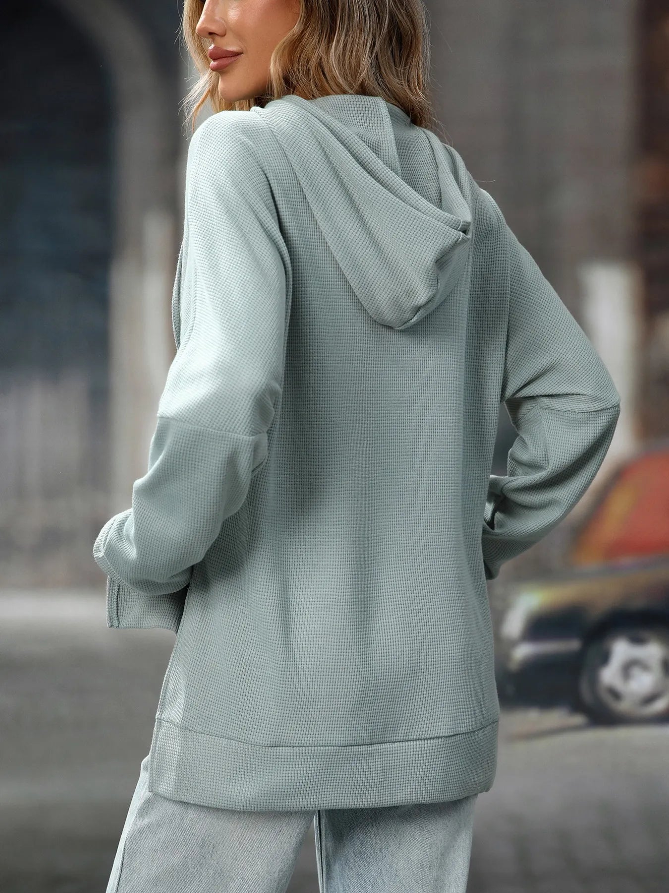 Textured Drawstring Long Sleeve Hoodie