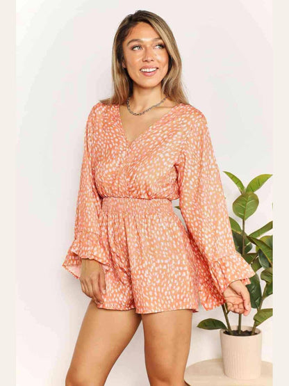 Double Take Printed Flare Sleeve Surplice Romper nicholesgifts