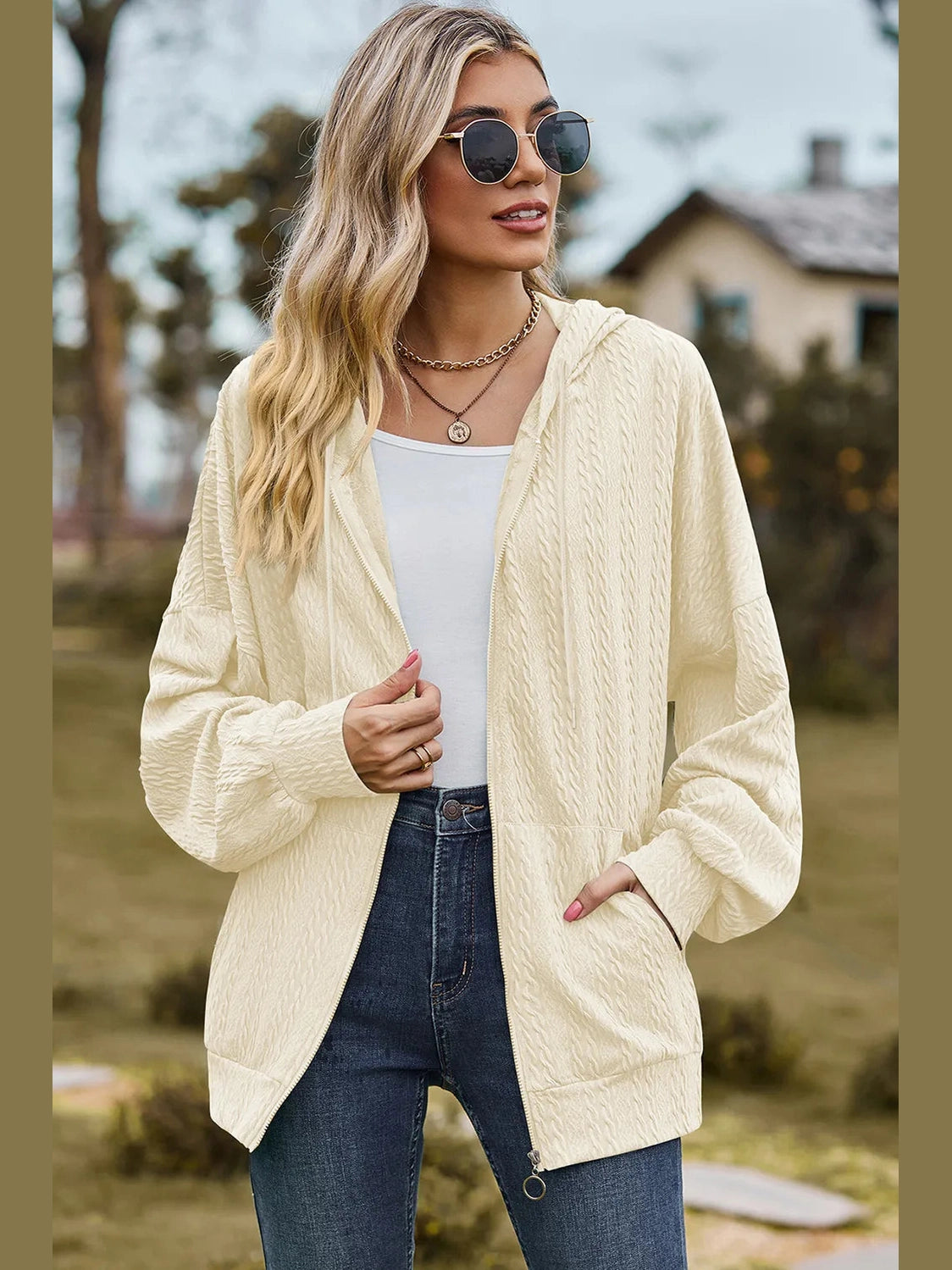 Drawstring Zip Up Dropped Shoulder Hoodie nicholesgifts