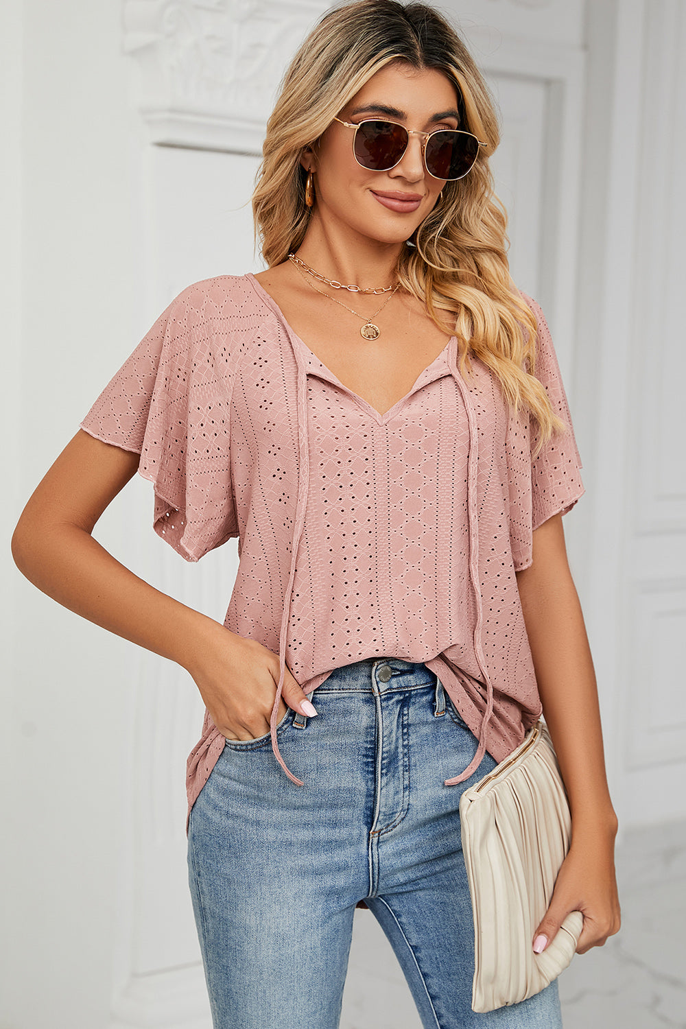 Eyelet Tie Neck Flutter Sleeve Blouse nicholesgifts