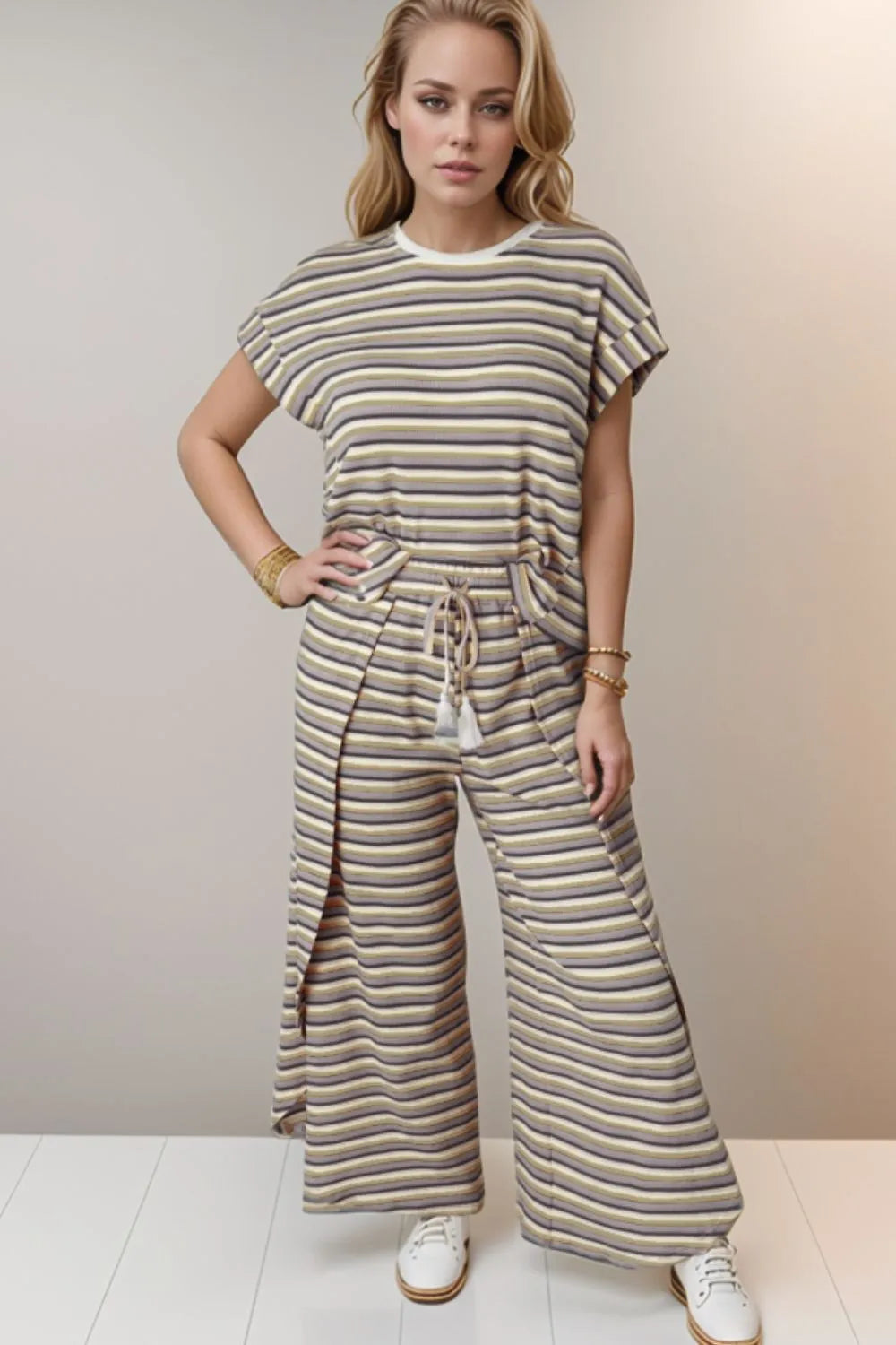 Striped Round Neck Short Sleeve Top and Pants Set NicholesGifts