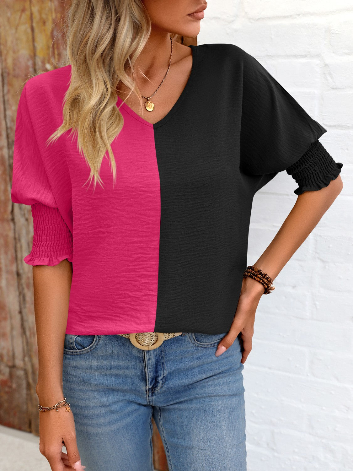 Women Contrast V-Neck Lantern Sleeve Blouse nicholesgifts