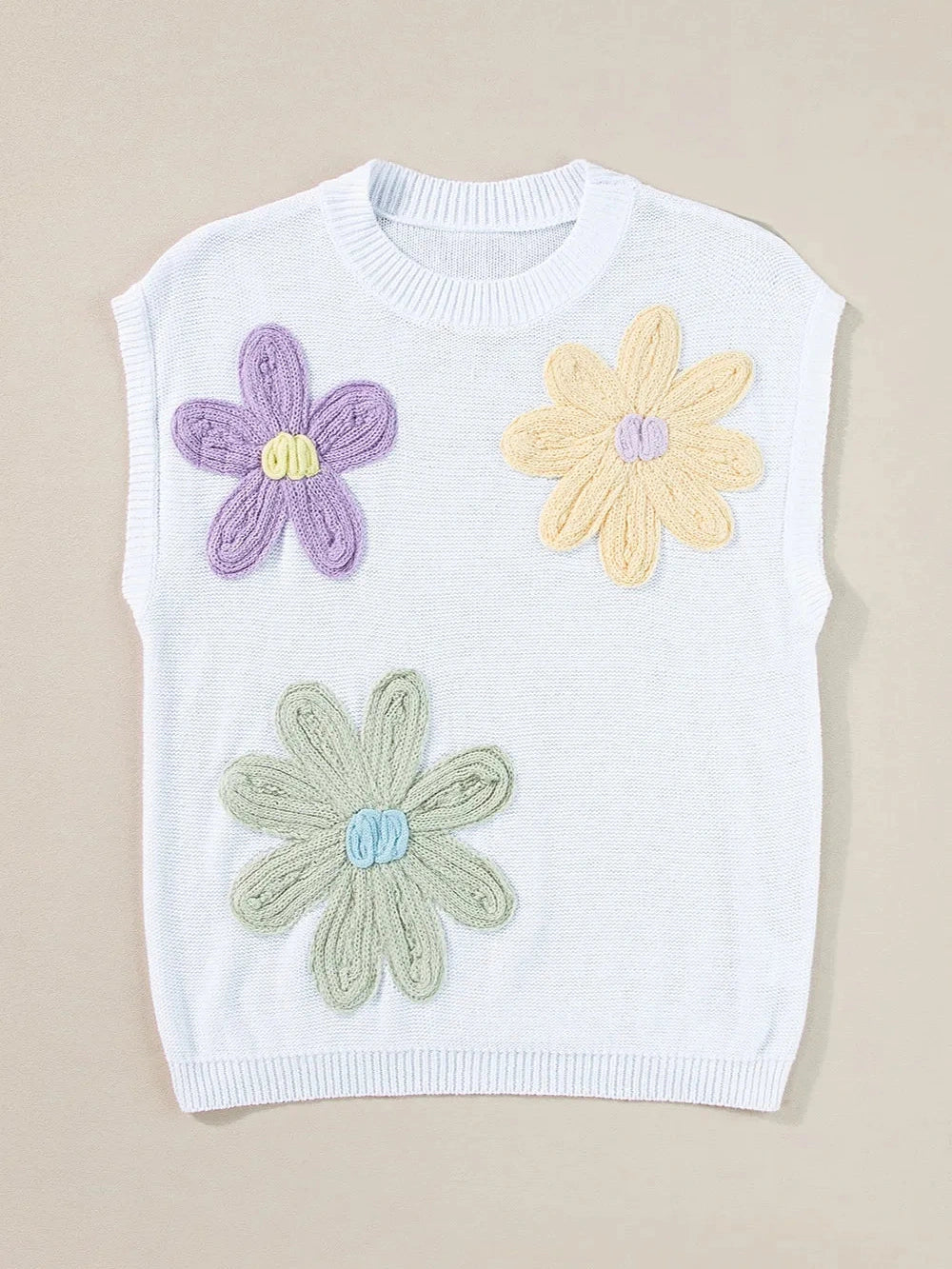 Crochet Flower Round Neck Sweater Vest nicholesgifts