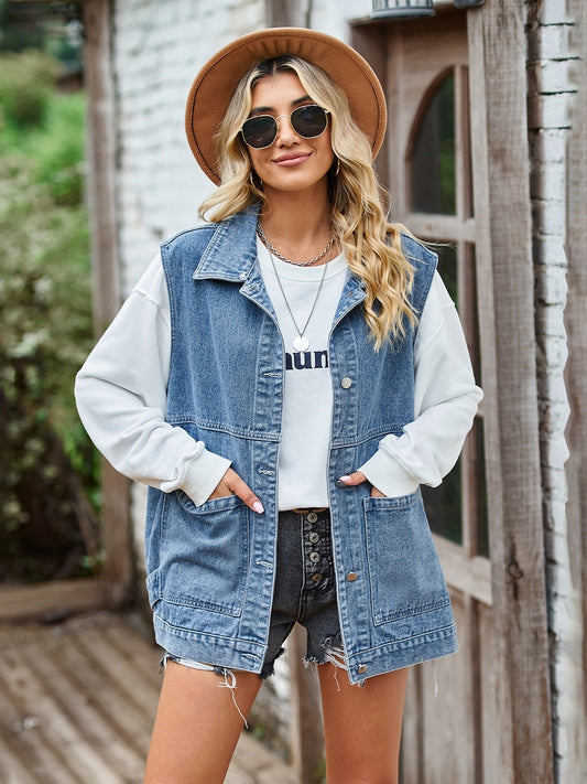 Button Front Sleeveless Denim Jacket nicholesgifts