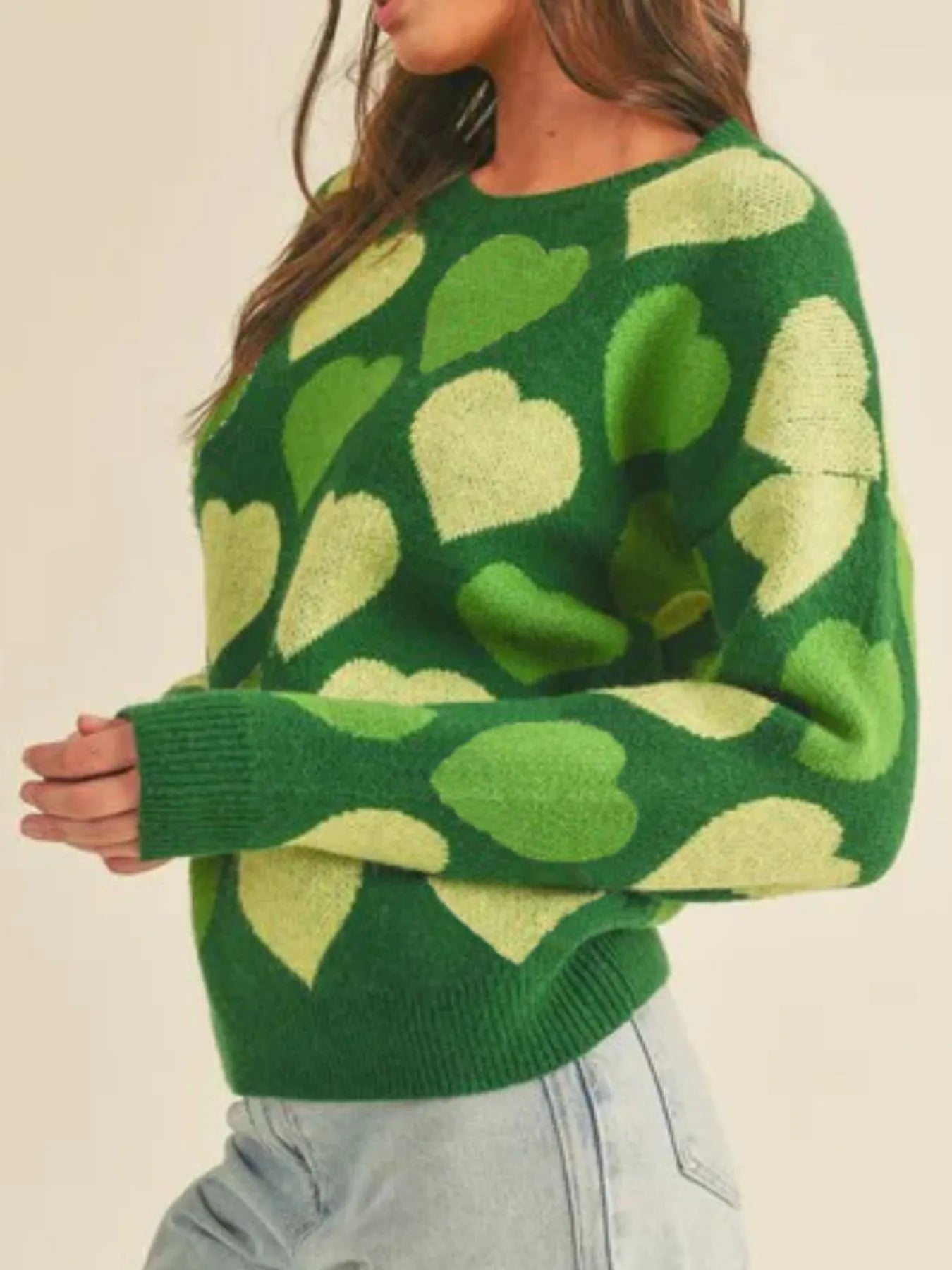 Women Heart Ribbed Hem Long Sleeve Sweater For Valentine's Day Gift For Her nicholesgifts