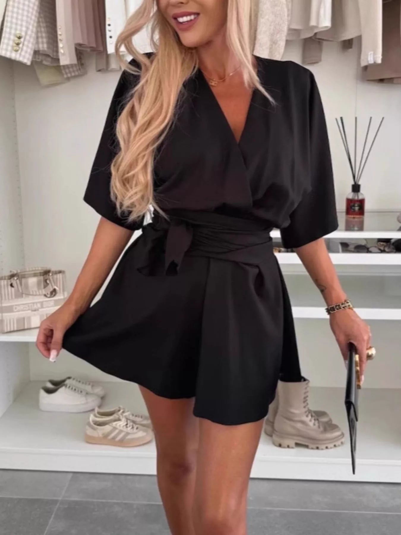 Full Size Surplice Tie Waist Romper Plus Size nicholesgifts