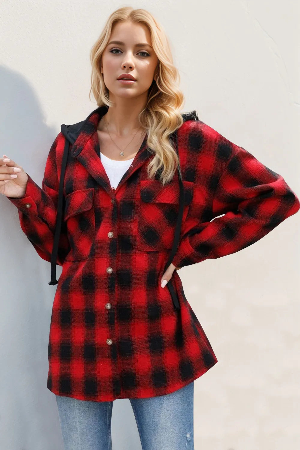 Double Take Drawstring Plaid Long Sleeve Hooded Shacket Trendsi