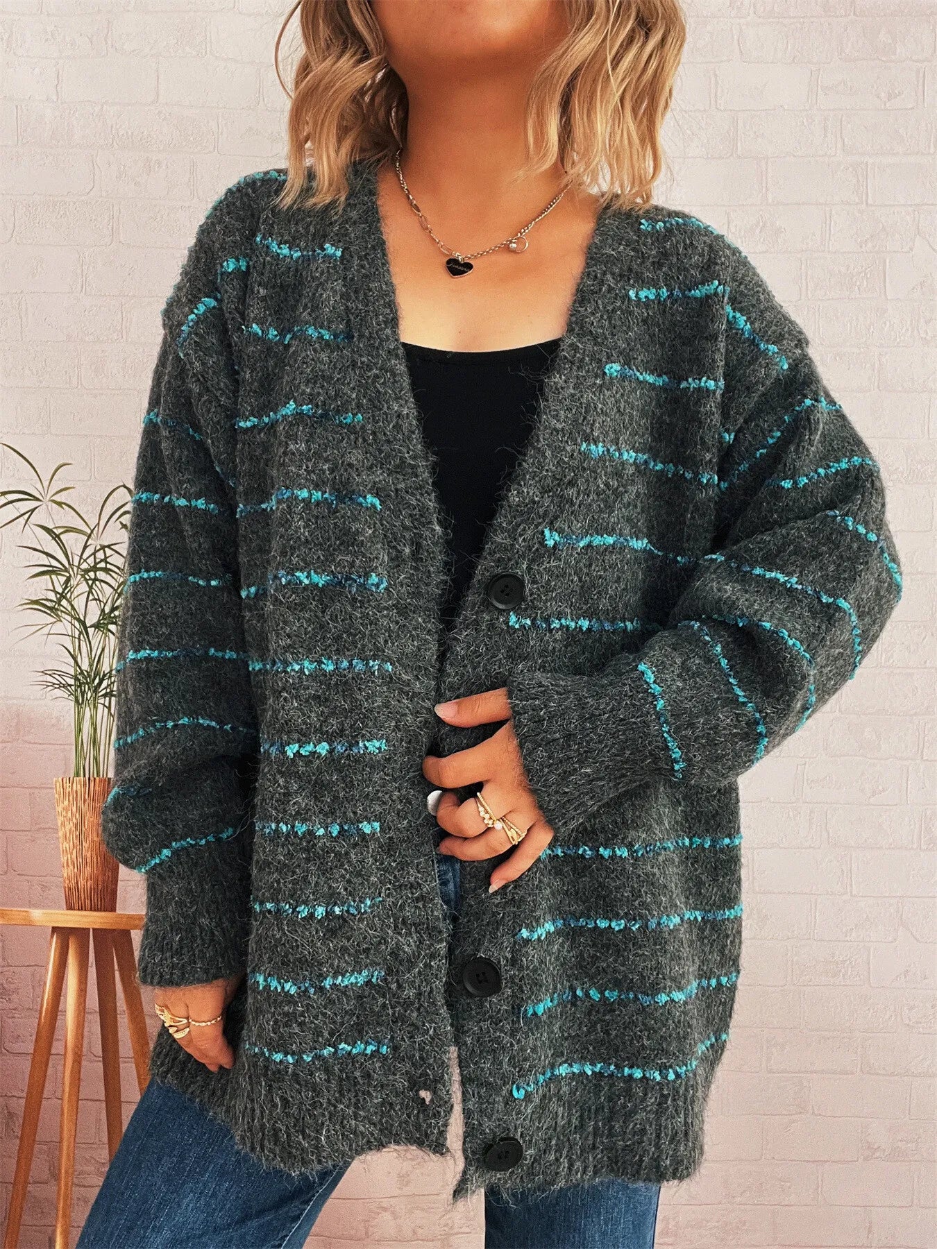 Striped Button-Up Cardigan with V-Neck Design
