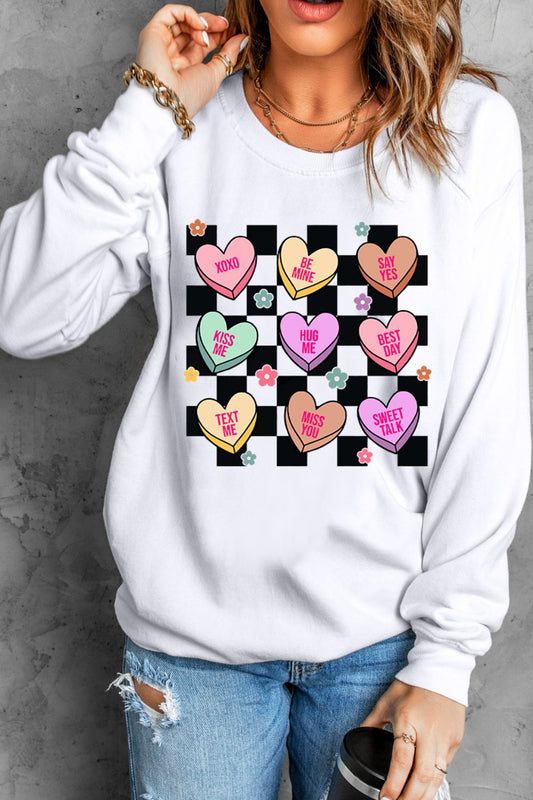 NicholesGifts Women Valentine's Day Checkered Heart Long Sleeve Sweatshirt NicholesGifts