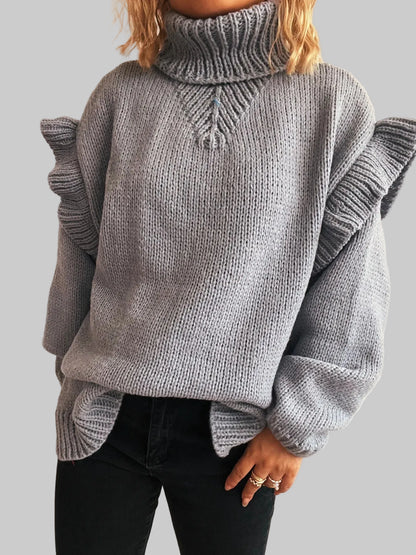 Women Ruffled Turtleneck Long Sleeve Sweater nicholesgifts