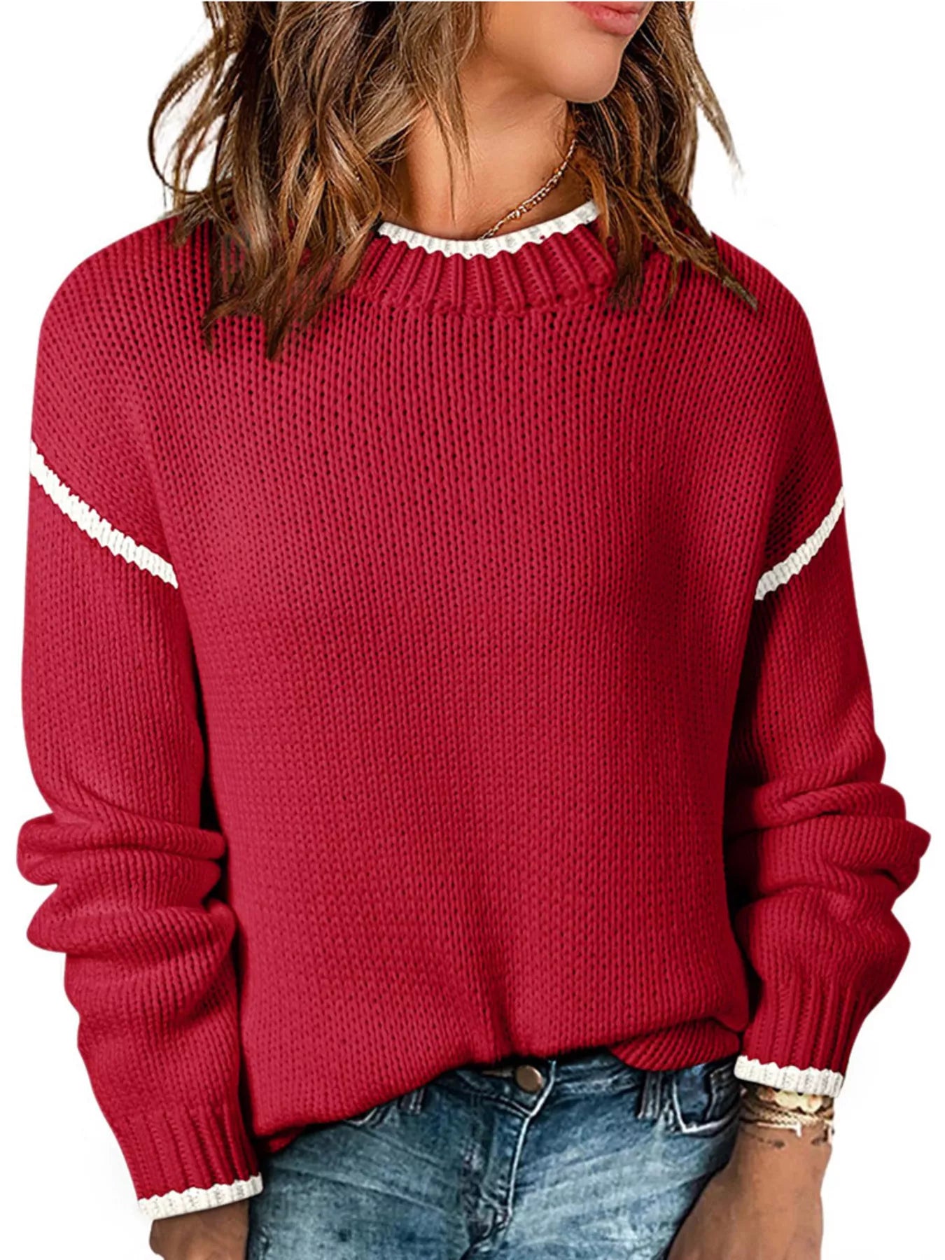 Contrast Trim Long Sleeve Sweater Trendsi