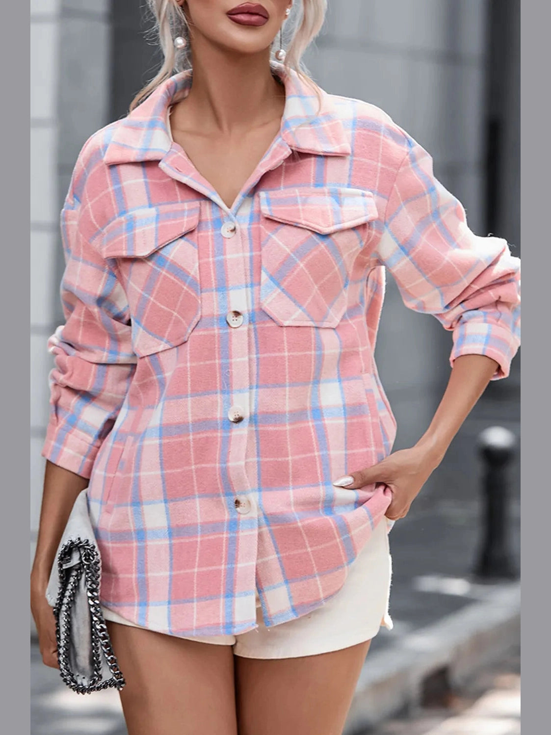 Plaid Pocketed Collared Neck Button Up Jacket nicholesgifts