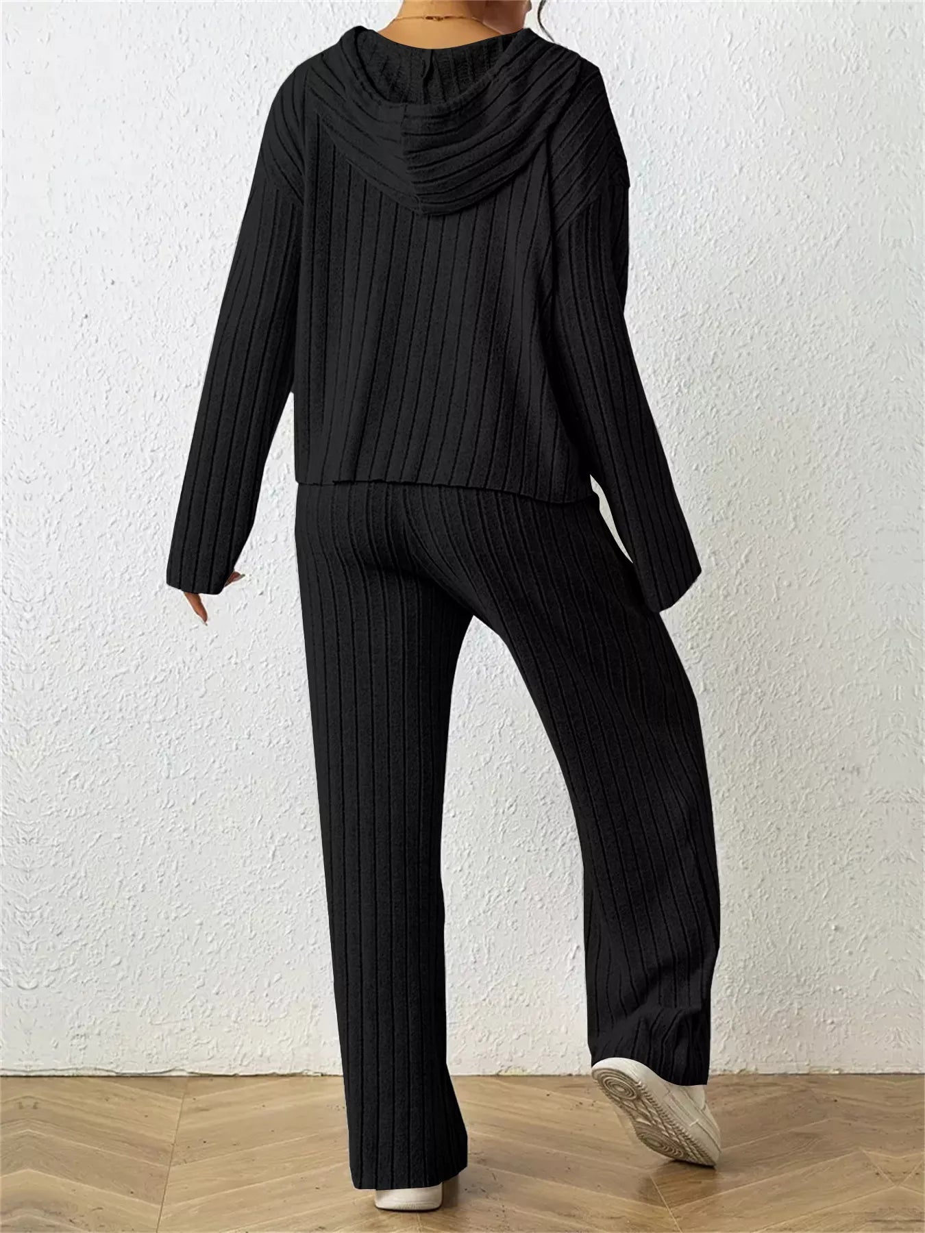 Ribbed Drawstring Hoodie and Pants Set Trendsi