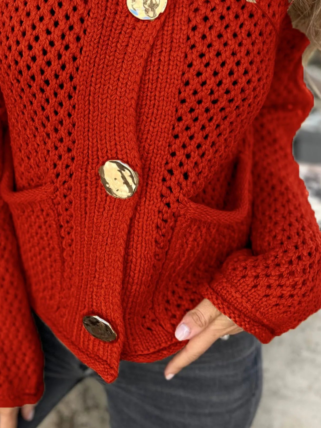 Crochet Button Up Long Sleeve Cardigan