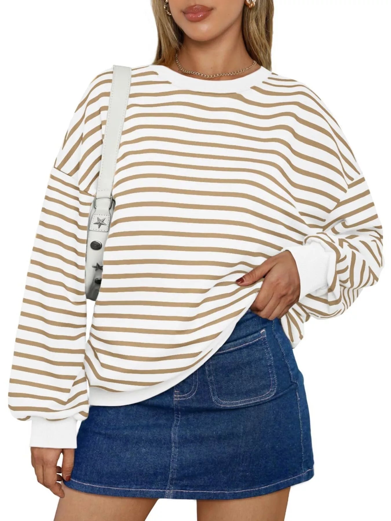 Striped Round Neck Oversized Casual Sweatshirt Trendsi