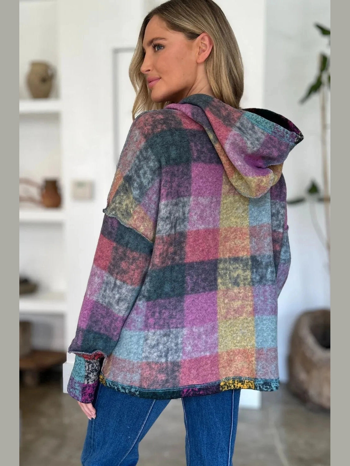 Double Take Full Size Plaid Dropped Shoulder Fleece Hoodie Trendsi