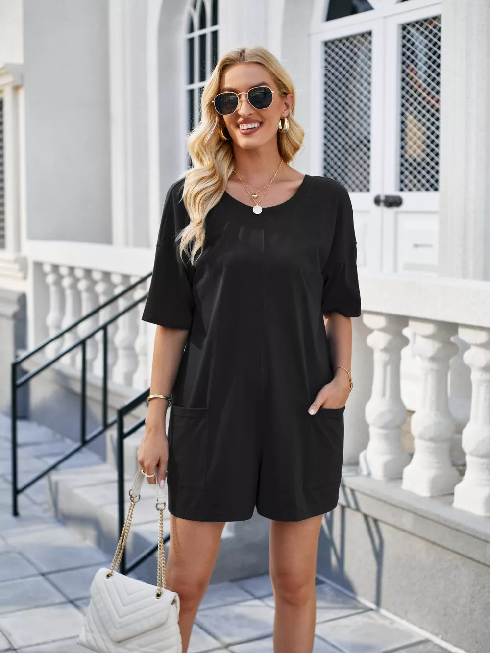 Lovelet Backless Pocketed Round Neck Half Sleeve Romper nicholesgifts