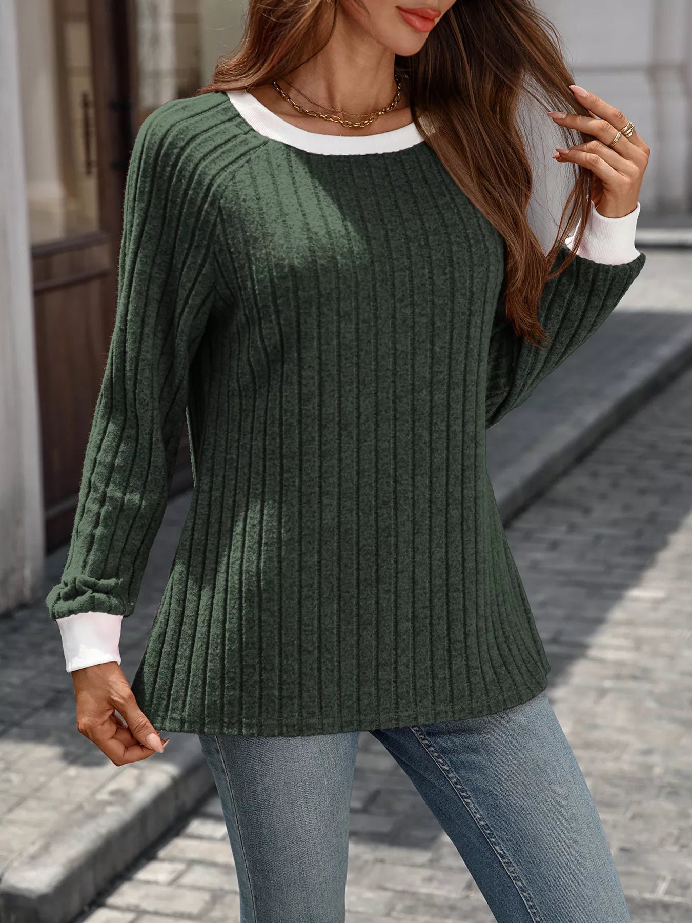 Ribbed Round Neck Raglan Sleeve Knit Top Trendsi