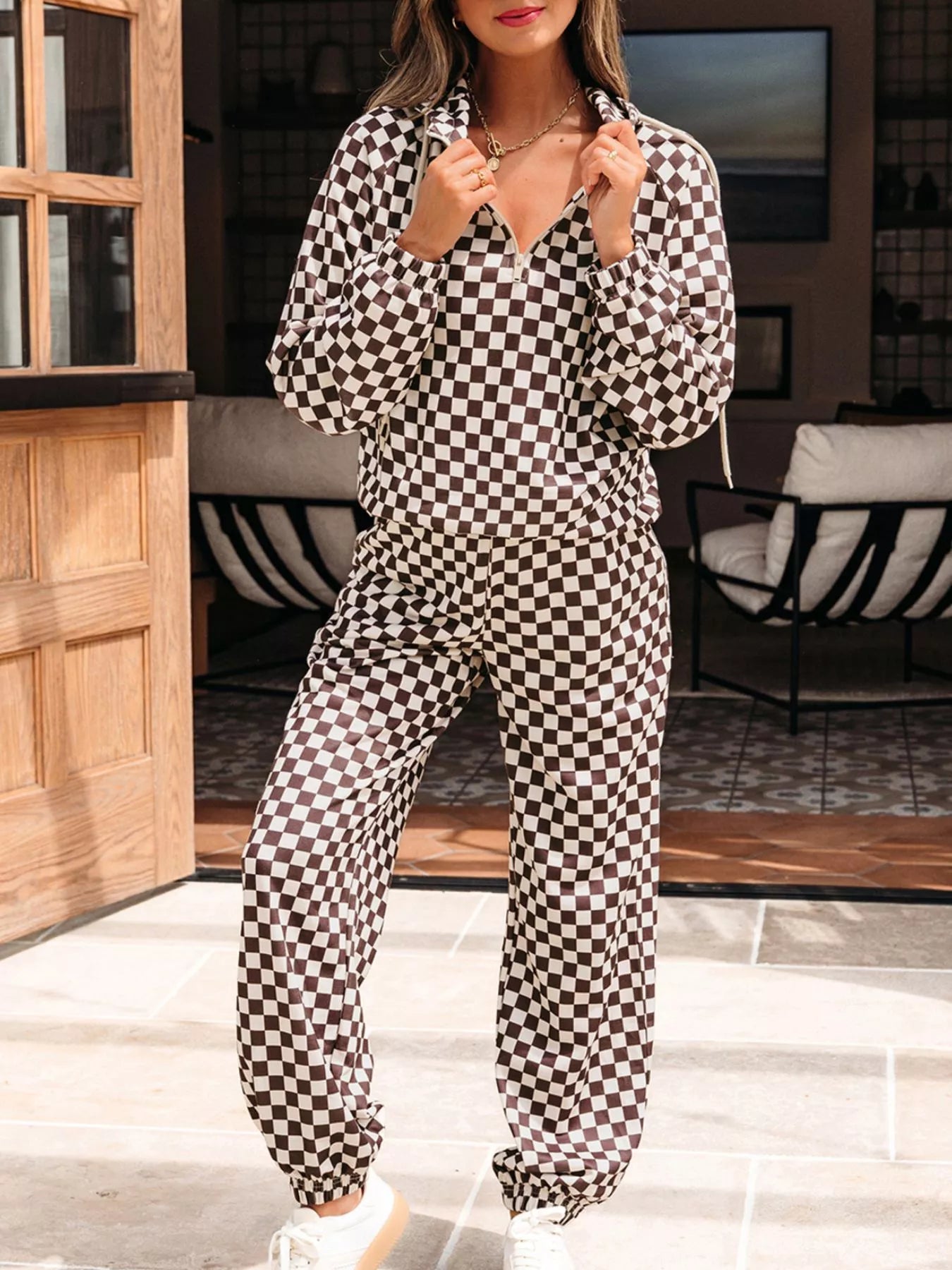 Checkered Drawstring Hoodie and Pants Set Trendsi