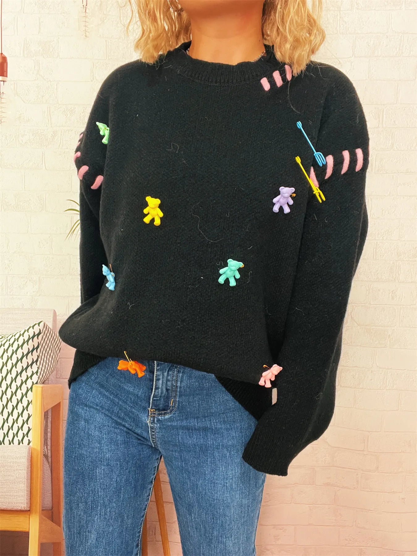 Bear Decoration Round Neck Sweater