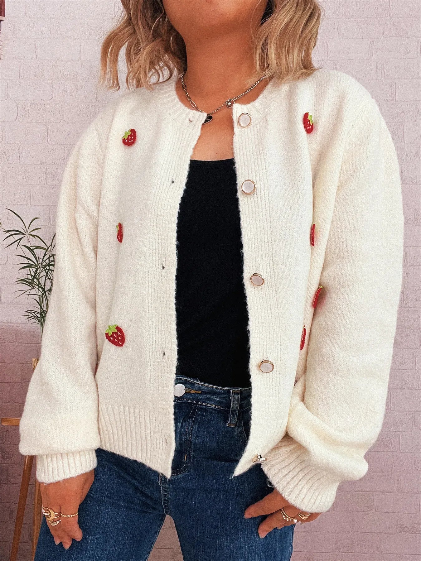 Strawberry Button Up Long Sleeve Cardigan Trendsi