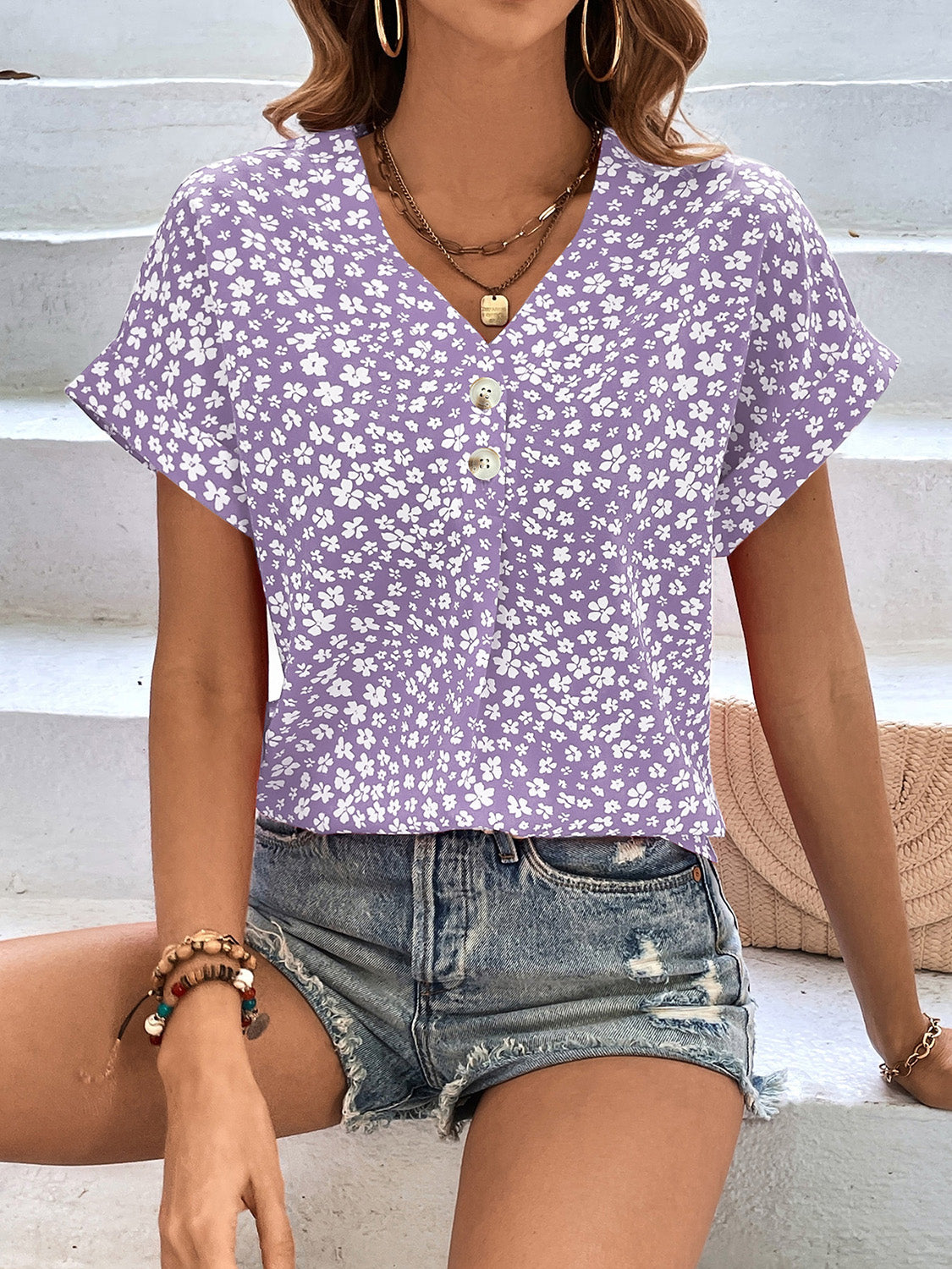 Printed V-Neck Short Sleeve Blouse nicholesgifts