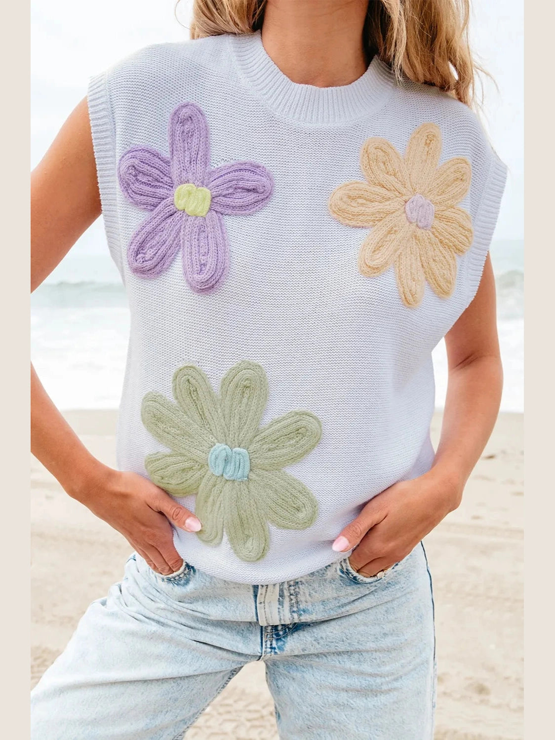 Crochet Flower Round Neck Sweater Vest nicholesgifts