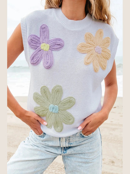 Crochet Flower Round Neck Sweater Vest nicholesgifts