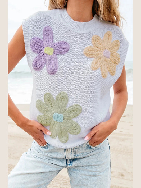Crochet Flower Round Neck Sweater Vest nicholesgifts