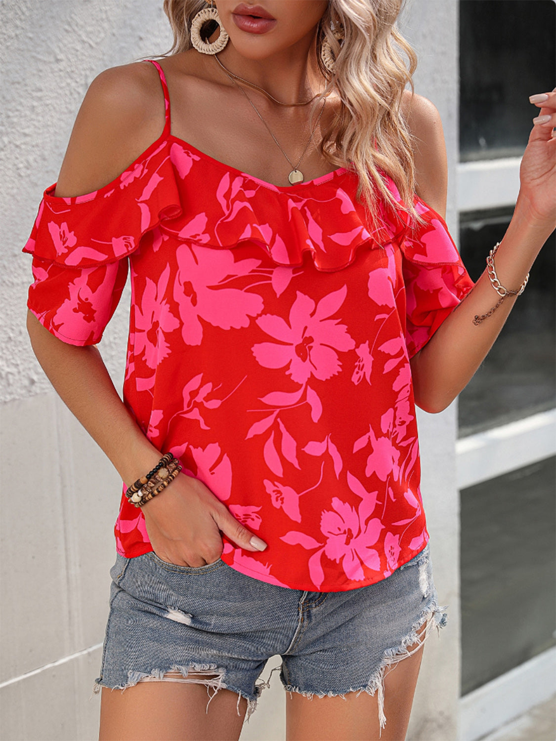 Ruffled Printed Short Sleeve Blouse nicholesgifts