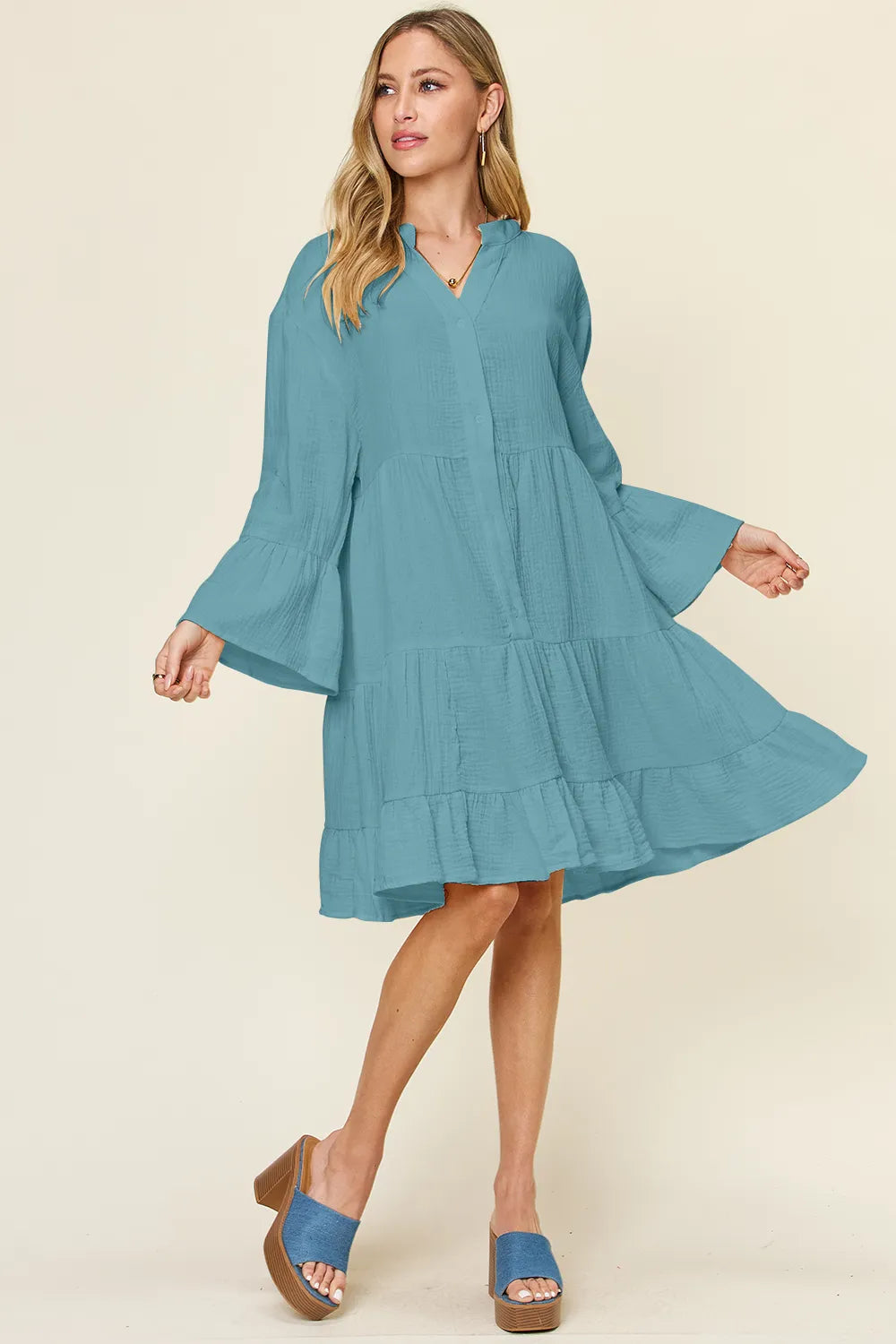 Double Take Full Size Texture Button Up Ruffle Hem Dress Trendsi