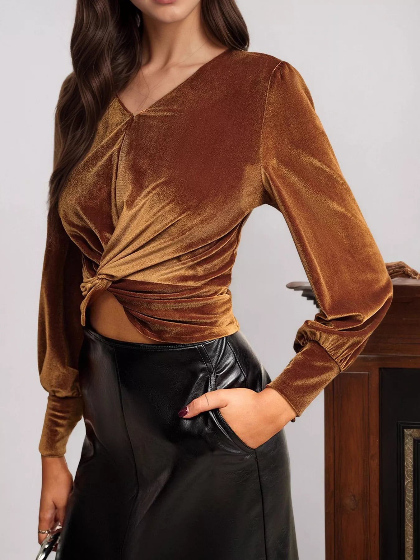 Twisted V-Neck Long Sleeve Blouse NicholesGifts
