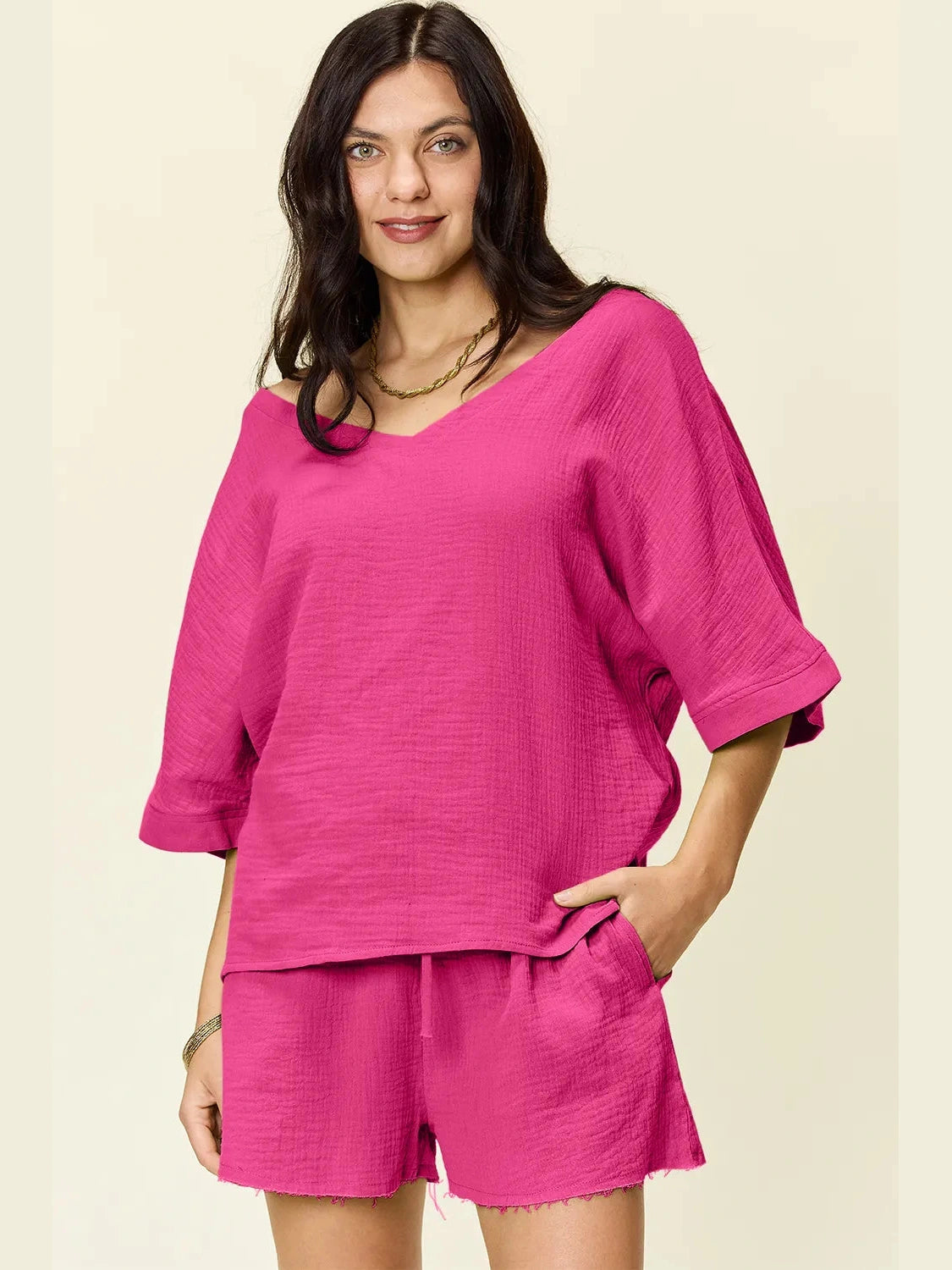 Double Take Texture Half Sleeve T-Shirt and Drawstring Shorts Set NicholesGifts