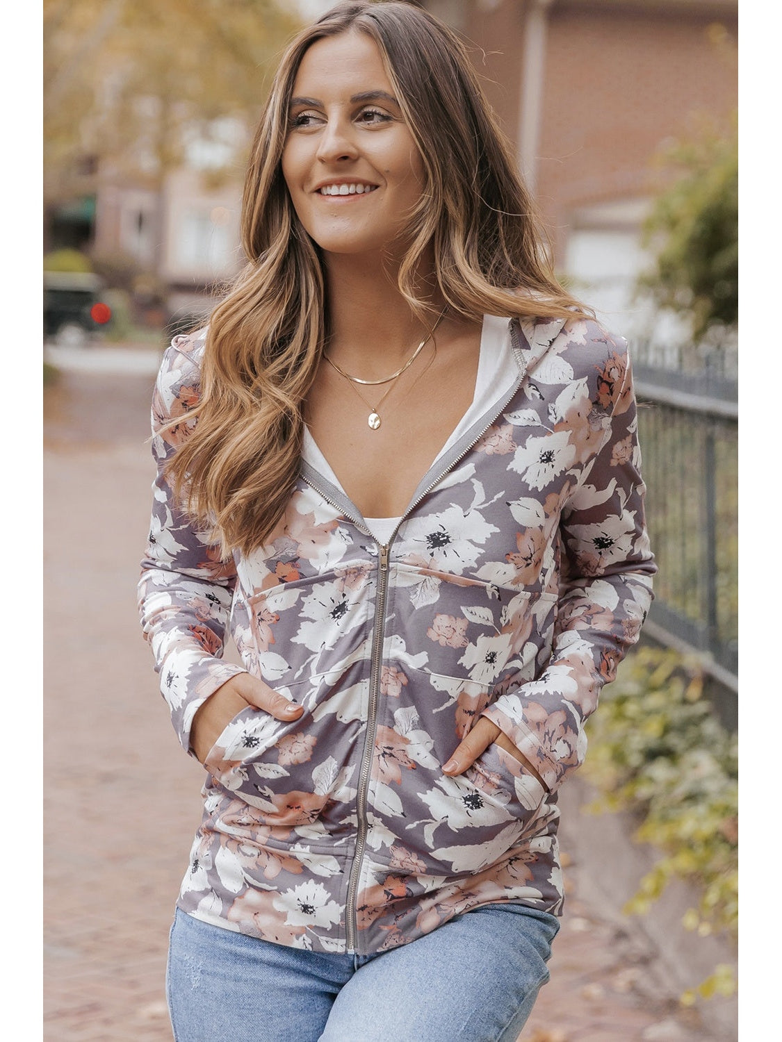 NicholesGifts Women Floral Zip Up Pocketed Hoodie NicholesGifts