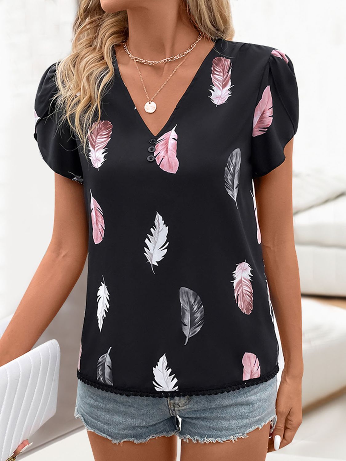 Printed V-Neck Short Sleeve Blouse nicholesgifts