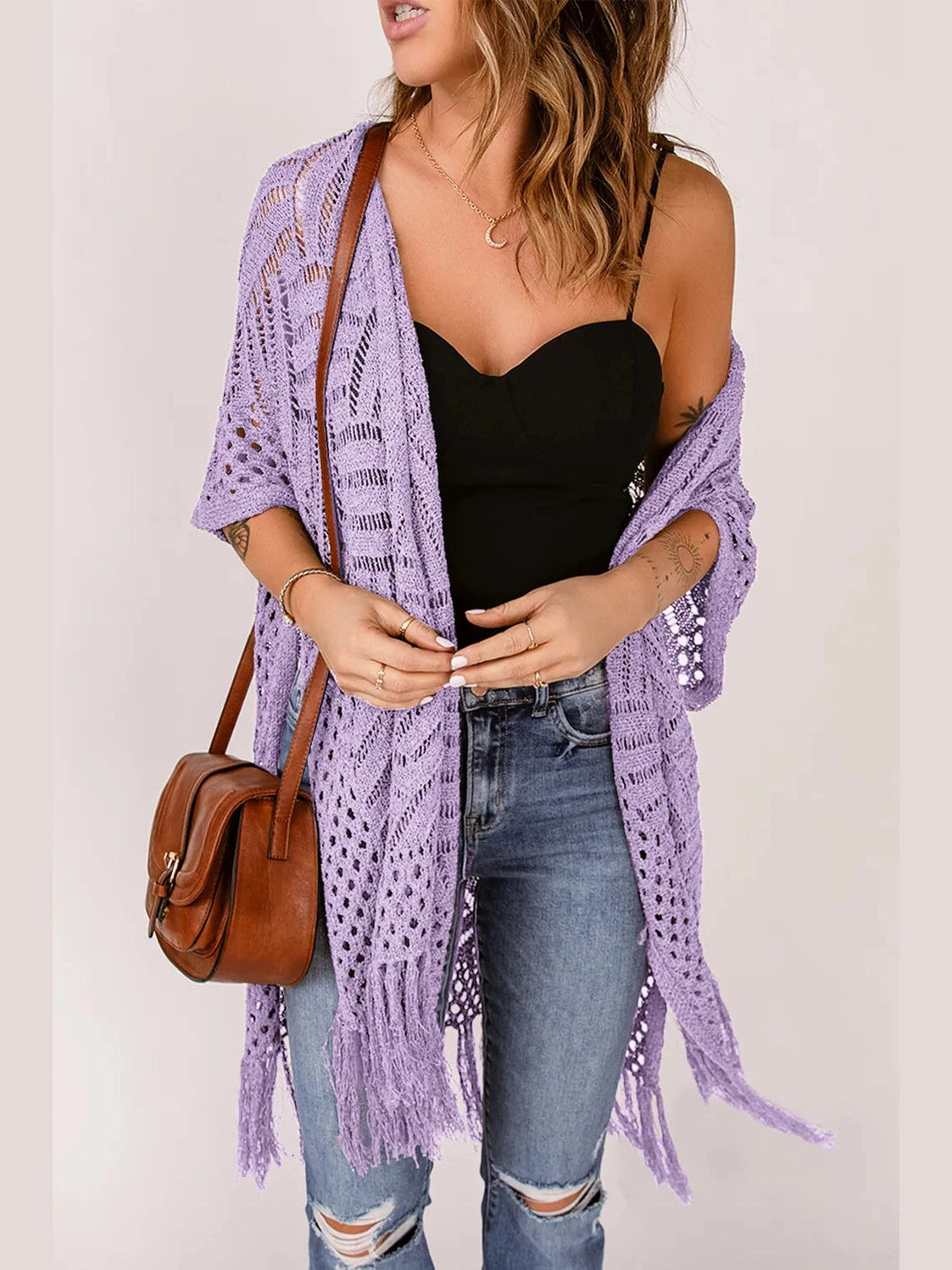 Openwork Open Front Cardigan with Fringes nicholesgifts