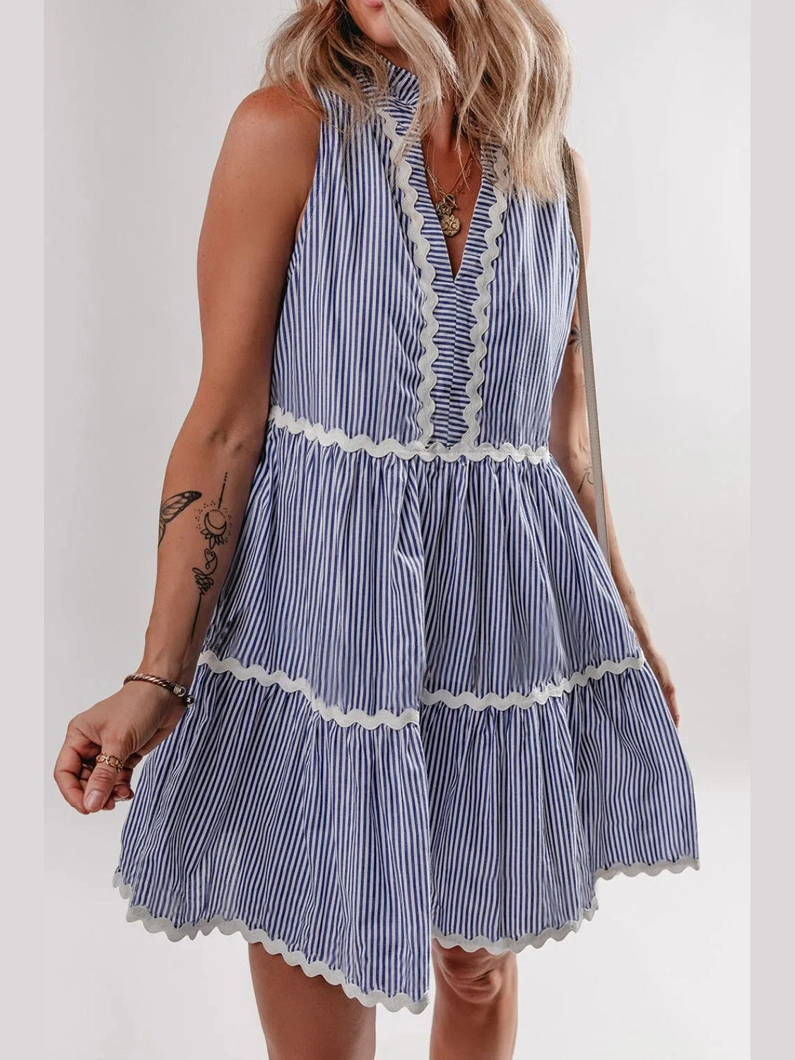 Stripe Sleeveless Notched Ric Rac Mini Dress NicholesGifts