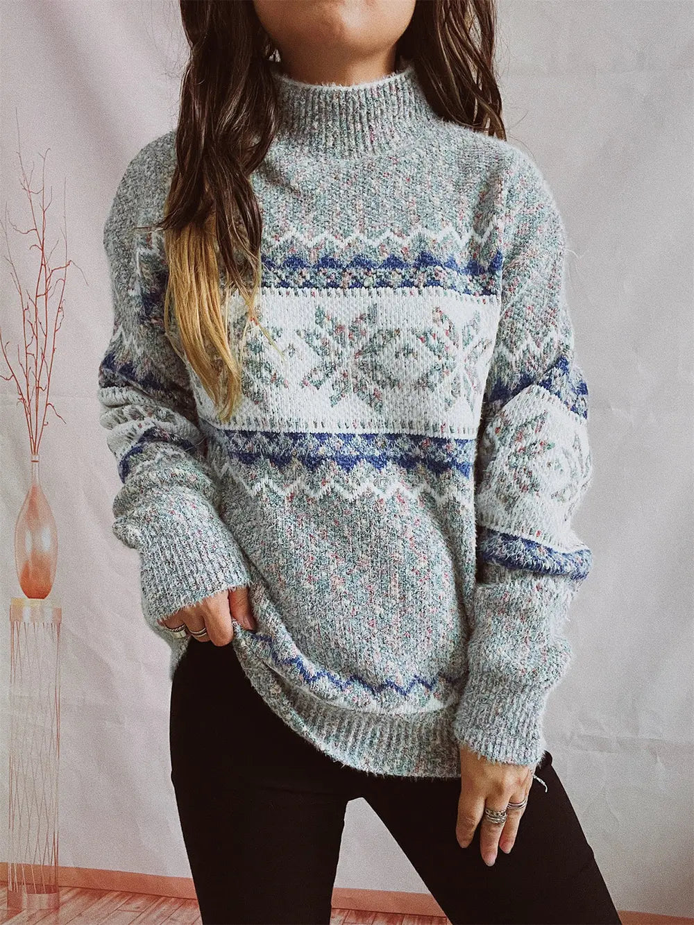 Geometric Mock Neck Dropped Shoulder Sweater Trendsi