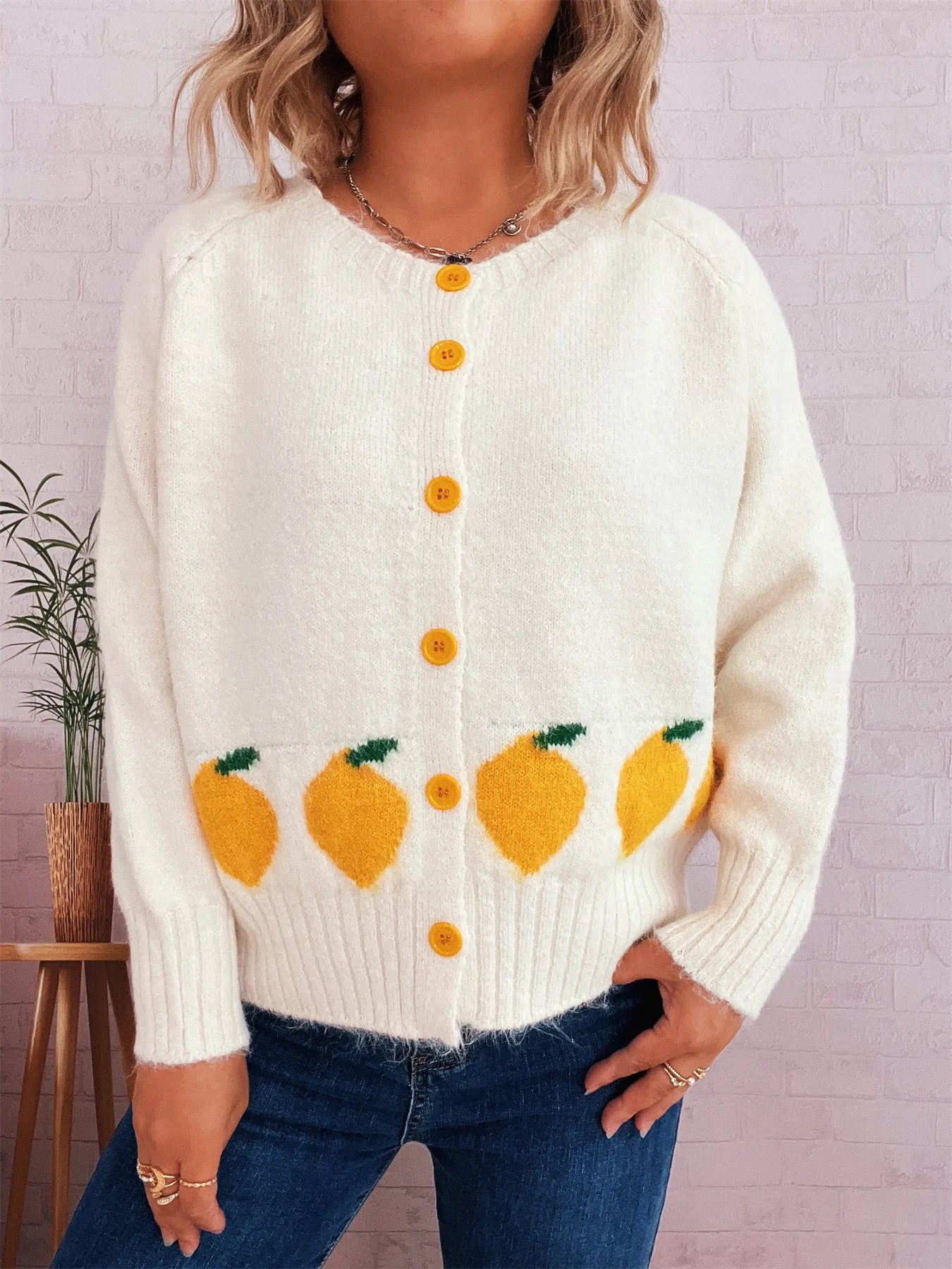 Lemon Pattern Button-Up Cardigan