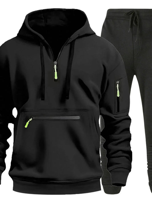 Men's Full Size Drawstring Half Zip Hoodie and Pants Set Plus Size NicholesGifts