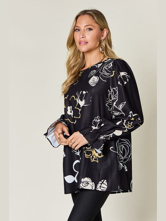 Women Double Take Full Size Printed Flounce Sleeve Blouse nicholesgifts